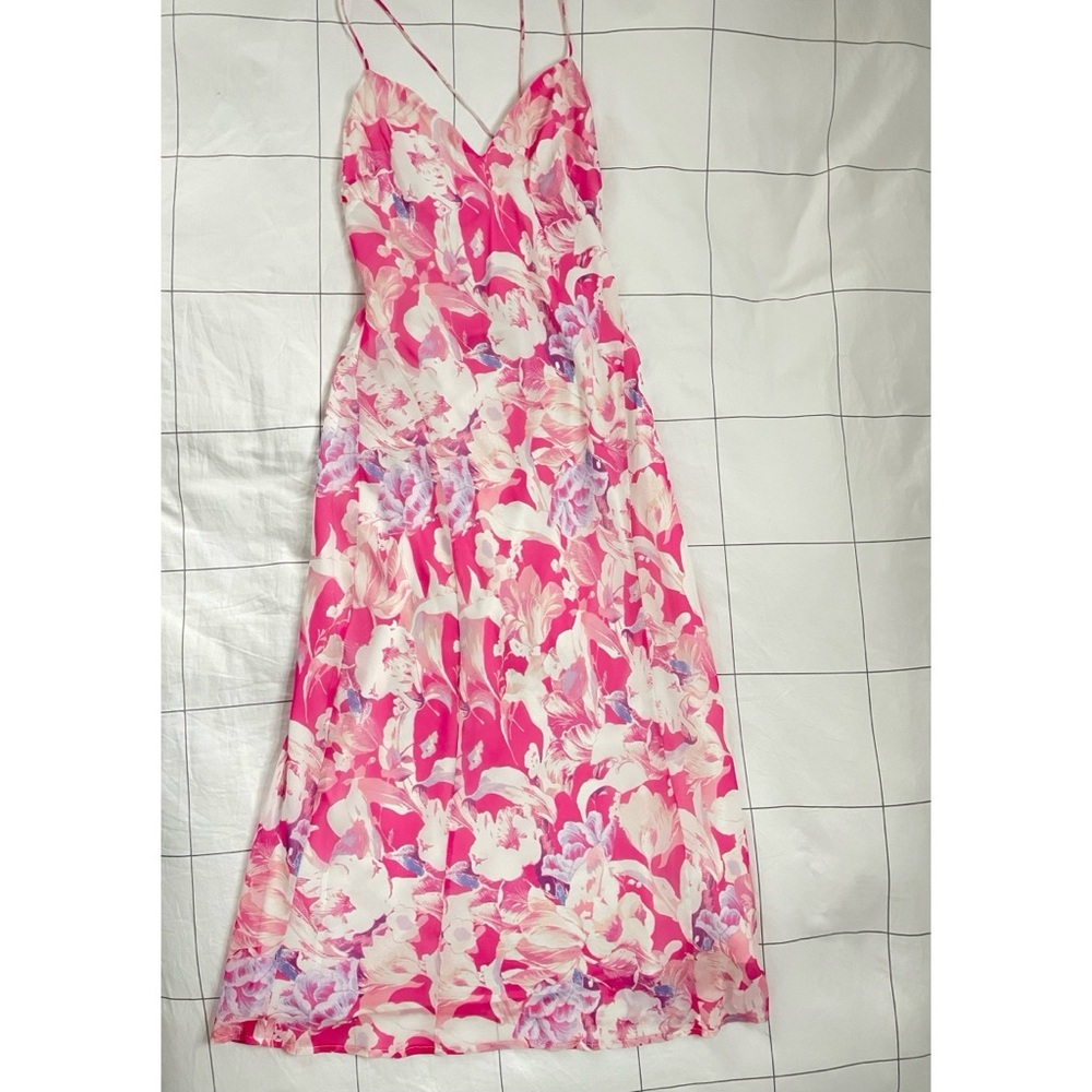 Lulus Radiant Confidence Hot Pink Floral Chiffon Lace-Up Midi Dress - Picture 5 of 11